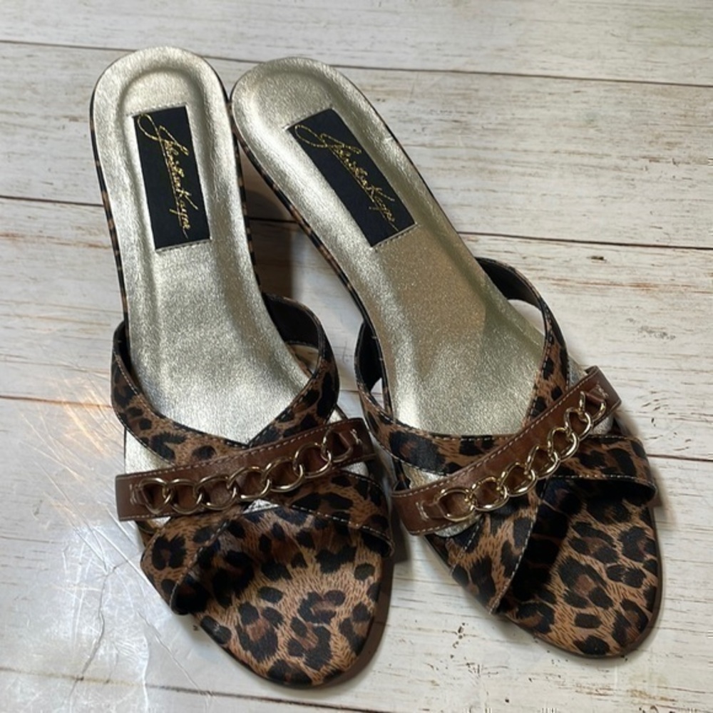 Johnathan Kayne Leopard Print Chain Slide Heels Womens Size 7.5